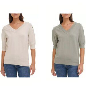 DKNY Women's Modern Fit 3/4 Length V Neck Puff Sleeve Sweater‎